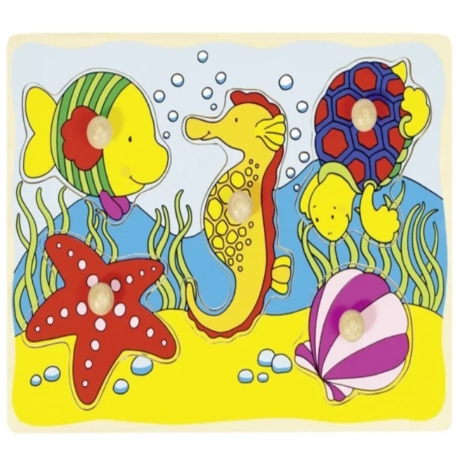 Colorful wooden puzzle with sea-themed figures on a yellow background