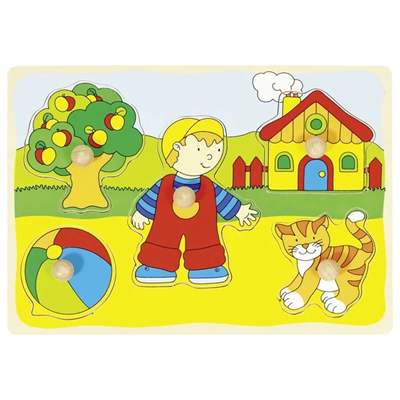 Children's wooden puzzle with cartoon characters on a colorful background