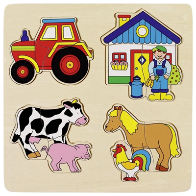 Wooden puzzle with farm animal and tractor pieces on a beige background