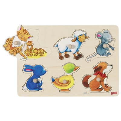 Wooden puzzle with colorful animal figures on a white background