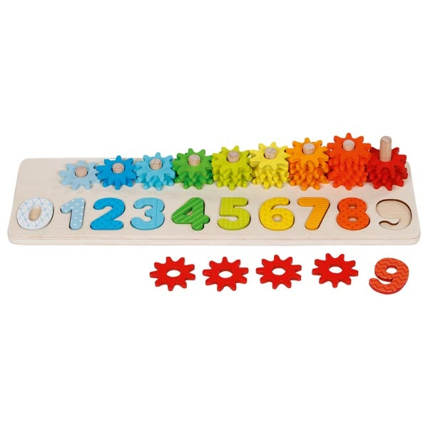 Colorful wooden number puzzle with gears on a white background