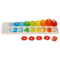 Colorful wooden number puzzle with gears on a white background