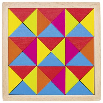 Colorful geometric triangle puzzle on a wooden board