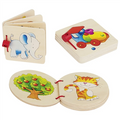 Set of wooden children's books with animal illustrations on a white background