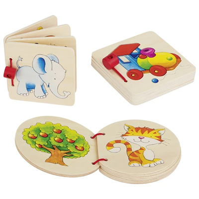 Set of wooden children's books with animal illustrations on a white background