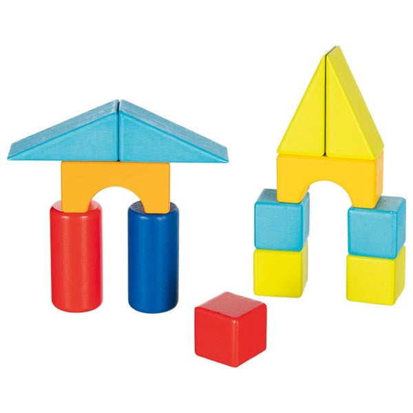 Colorful toy blocks with geometric shapes on a white background