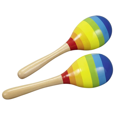 Two colorful maracas with striped design on a white background