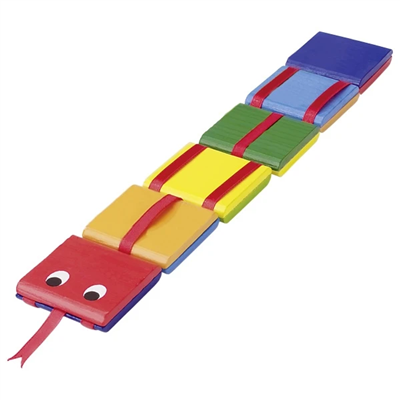 Colorful toy snake made of interlocking blocks on a white background