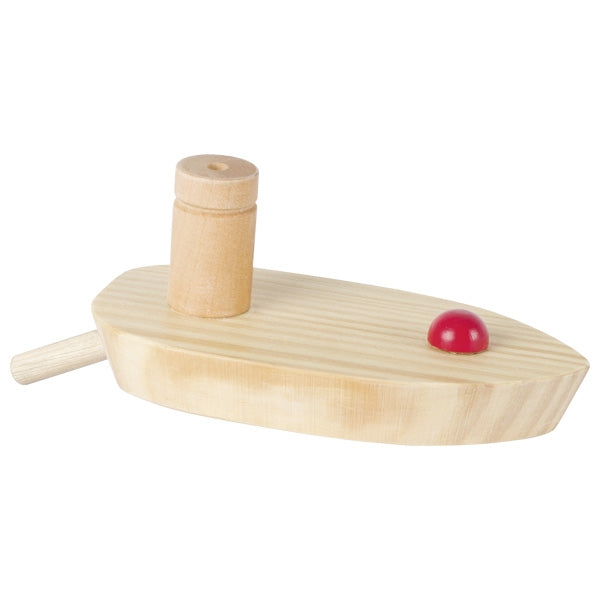 Wooden toy boat with a red ball on a white background
