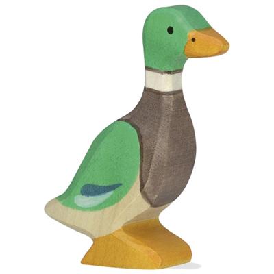 Wooden duck figurine with green, brown, and yellow colors on a white background