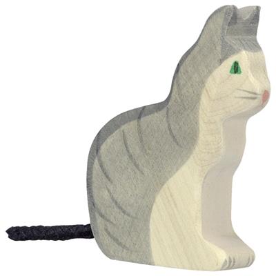 Plush toy shaped like a cat with gray and white fur on a white background