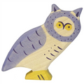Wooden owl toy with purple and yellow colors on a white background
