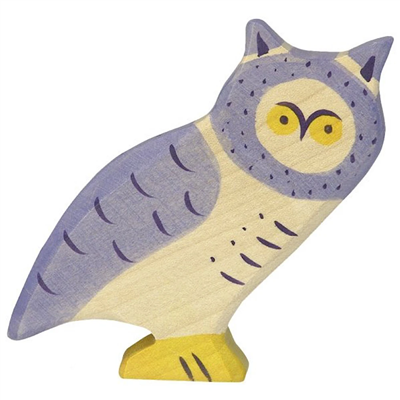 Wooden owl toy with purple and yellow colors on a white background