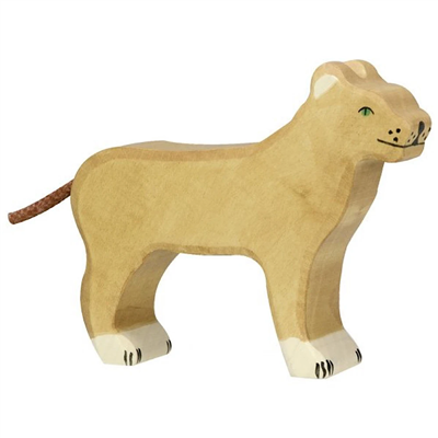 Wooden lion figure on a white background