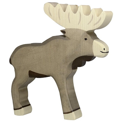 Wooden moose figurine on a white background