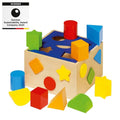 Colorful wooden shape sorting toy with geometric blocks on a white background, featuring a German Sustainability Award label.