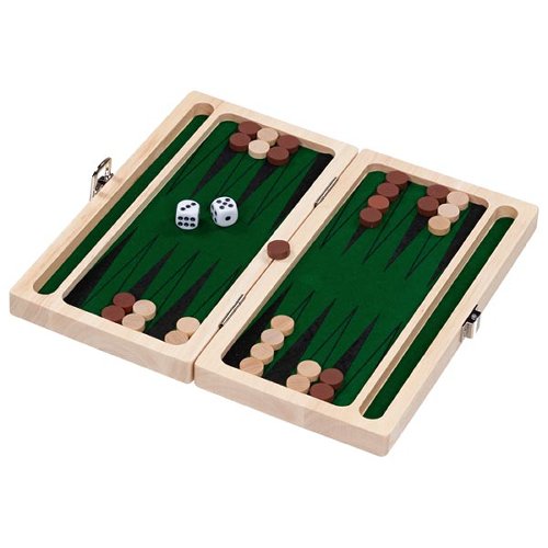 Wooden backgammon set with green playing field and dice on a white background