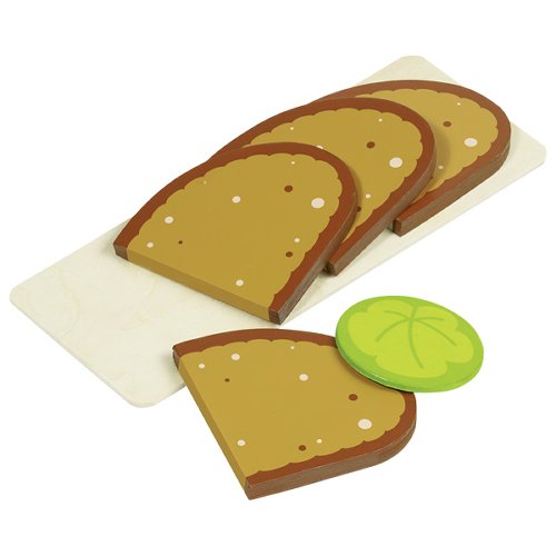 Wooden toy bread slices on a white background