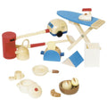 Wooden toy set with various items including a vacuum cleaner, ironing board, and cleaning tools on a white background.