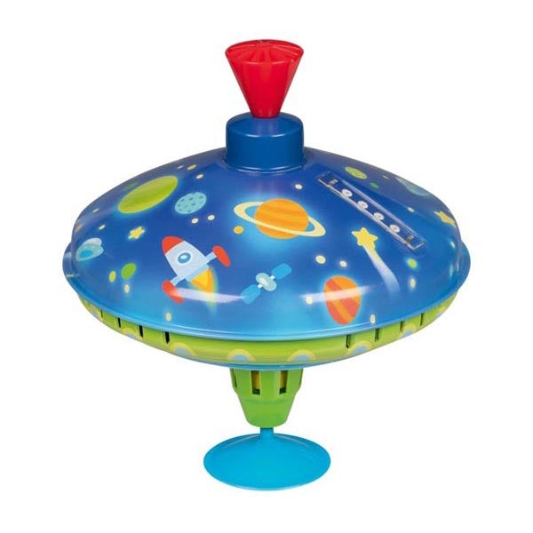 Colorful toy with space-themed design on a white background