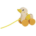 Wooden duck pull toy with a yellow string on a white background