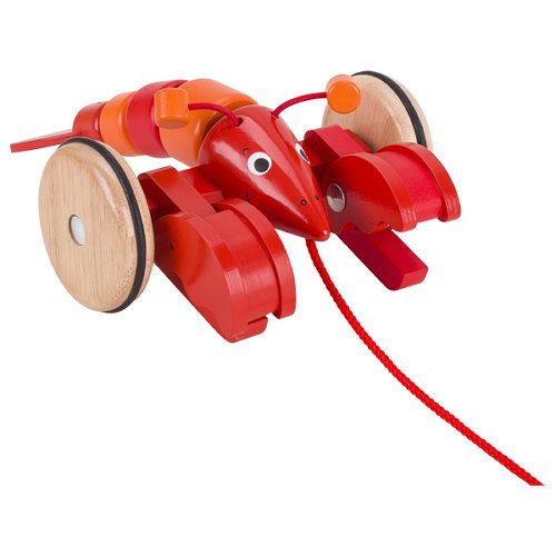 Red and orange toy with wooden wheels on a white background