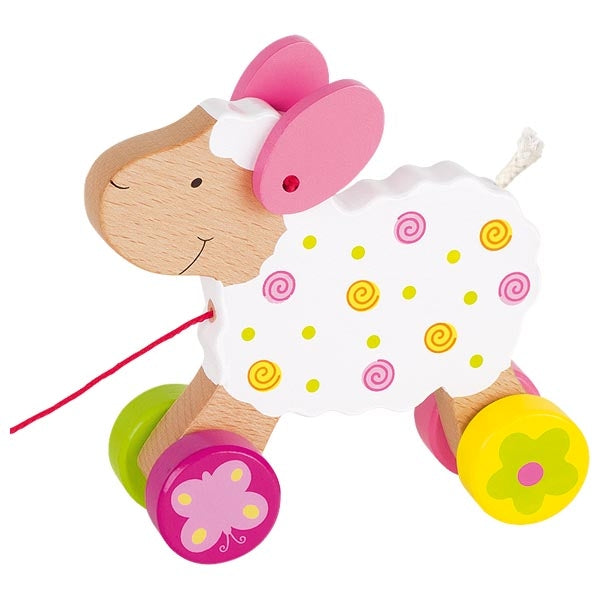 Wooden toy caterpillar with a smiling face, pink bow, and colorful wheels on a white background
