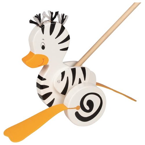 Toy duck with zebra pattern on a white background