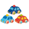 Three colorful toy cars on a white background