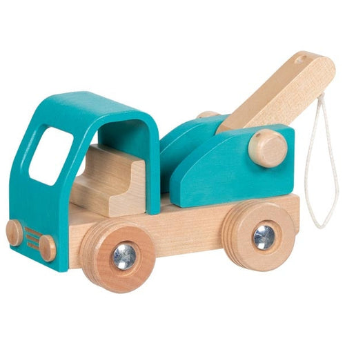 Wooden toy truck with teal bed and natural wood body on a white background