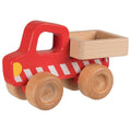 Wooden toy truck with red body and wooden wheels on a white background