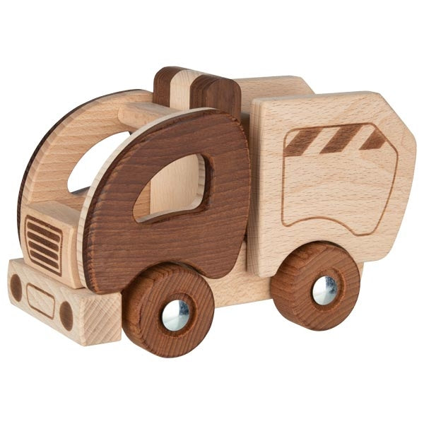 Wooden toy truck with brown and beige colors on a white background