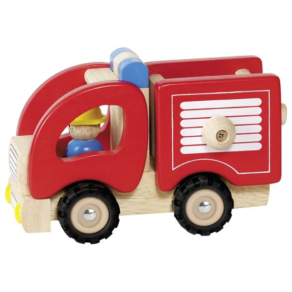 Wooden toy fire truck with a driver figure on a white background