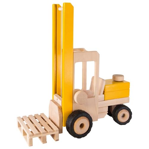 Toy forklift made of interlocking wooden blocks on a white background