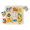 Wooden puzzle with colorful animal figures on a beige board, brand 'goki' visible.