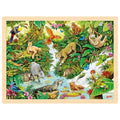 Jungle scene puzzle with animals and foliage on a wooden frame