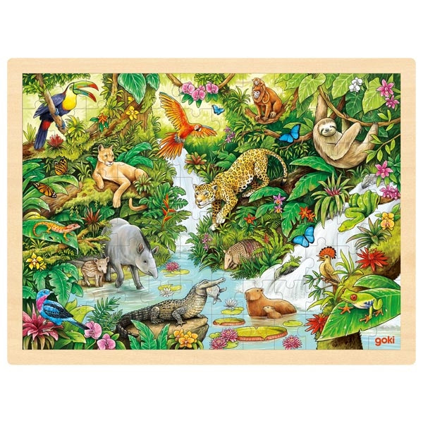 Jungle scene puzzle with animals and foliage on a wooden frame