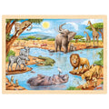 Wooden puzzle with illustrated African animals around a waterhole
