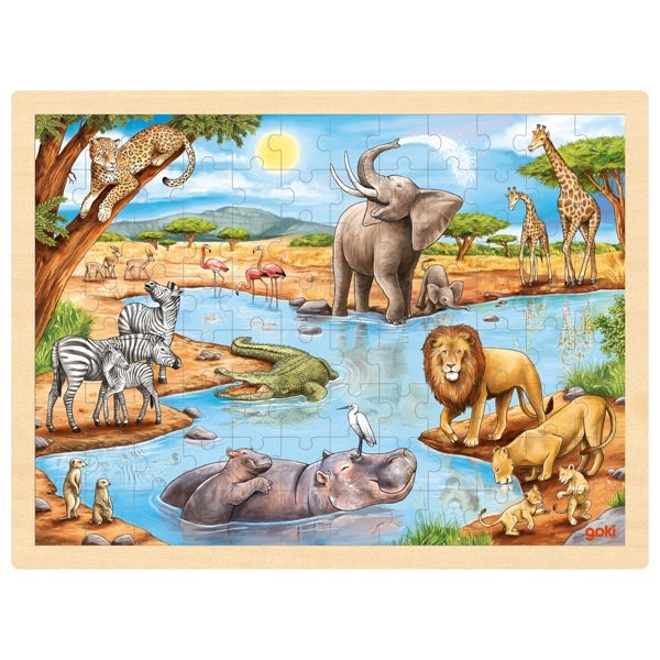 Wooden puzzle with illustrated African animals around a waterhole