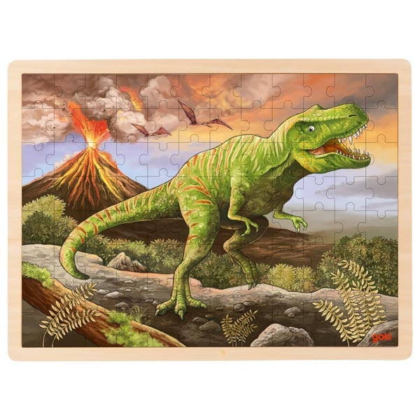 Dinosaur puzzle with T-Rex and volcano scene