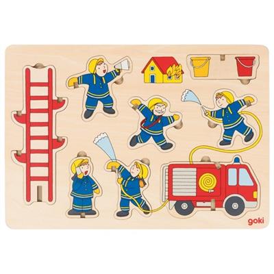 Wooden puzzle with fireman figures and a fire truck on a white background