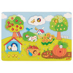 Children's educational puzzle with farm-themed illustrations and 'goki' branding.