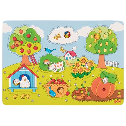 Children's educational puzzle with farm-themed illustrations and 'goki' branding.