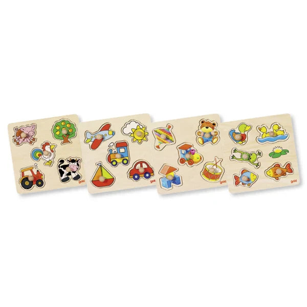 Set of four wooden puzzles with colorful illustrations on a white background