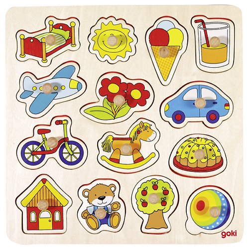 Wooden puzzle with colorful shapes and images on a beige background