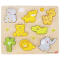 Wooden puzzle with colorful animal shapes on a light brown background