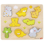 Wooden puzzle with colorful animal shapes on a light brown background