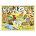 Children's wooden puzzle with a colorful illustration of animals in a jungle setting.