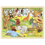 Children's wooden puzzle with a colorful illustration of animals in a jungle setting.