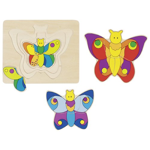 Butterfly-shaped wooden puzzle with colorful cut-out pieces on a white background